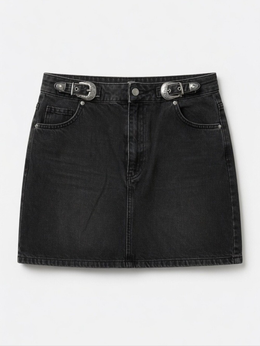 Topshop Black Denim Mini Skirt with Buckle Waist Details